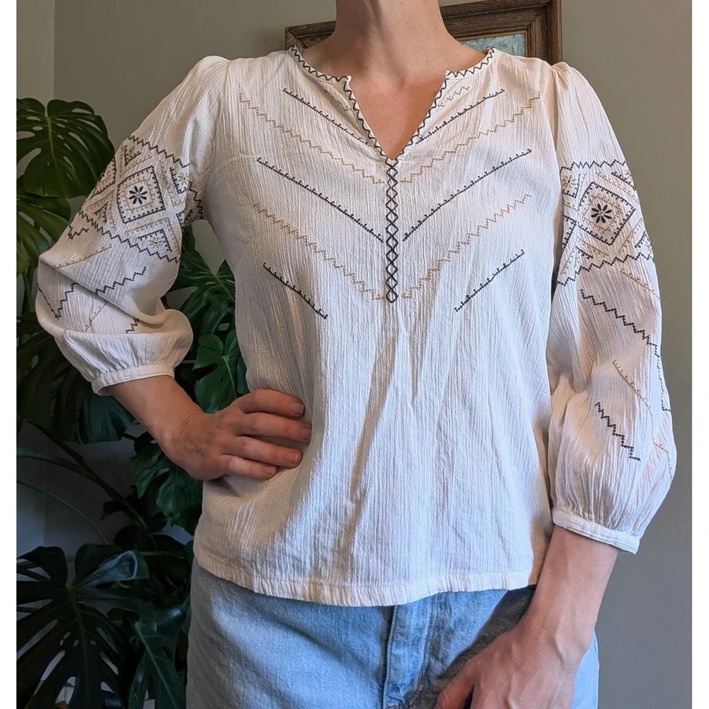 Madewell Peasant Top 100% Cotton Cream Embroidered Puff Sleeve Notch Neck Boho